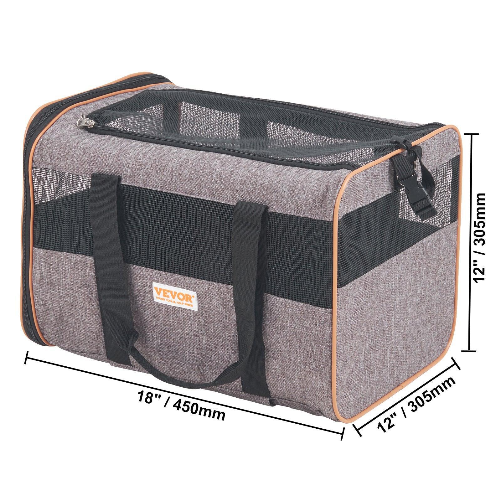 Gray fabric soft-sided pet carrier with black mesh panels and orange trim, measuring 18x12x12 inches