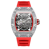Futuristic skeleton watch with red silicone strap, jeweled bezel, and silver-tone open dial