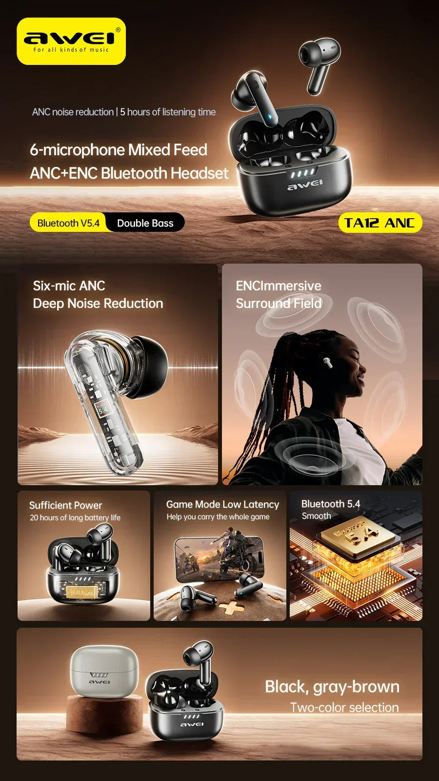 Wireless Bluetooth earbuds with black and gray-brown options, glossy finish, secure fit.