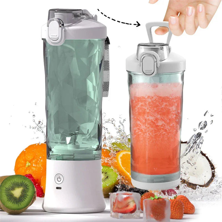 Portable electric blender bottle with clear textured body, white lid, and fresh fruit smoothie.