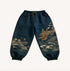 Navy blue streetwear joggers with dragon and wave print, elastic ankle cuffs, relaxed fit