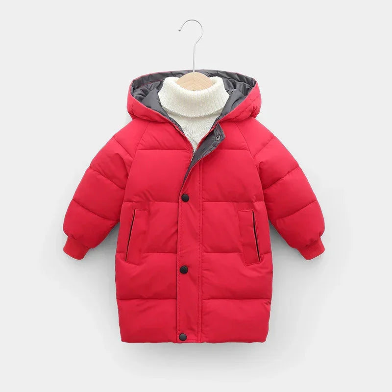 Red puffer hooded jacket with black trim, quilted style, long sleeves, relaxed fit