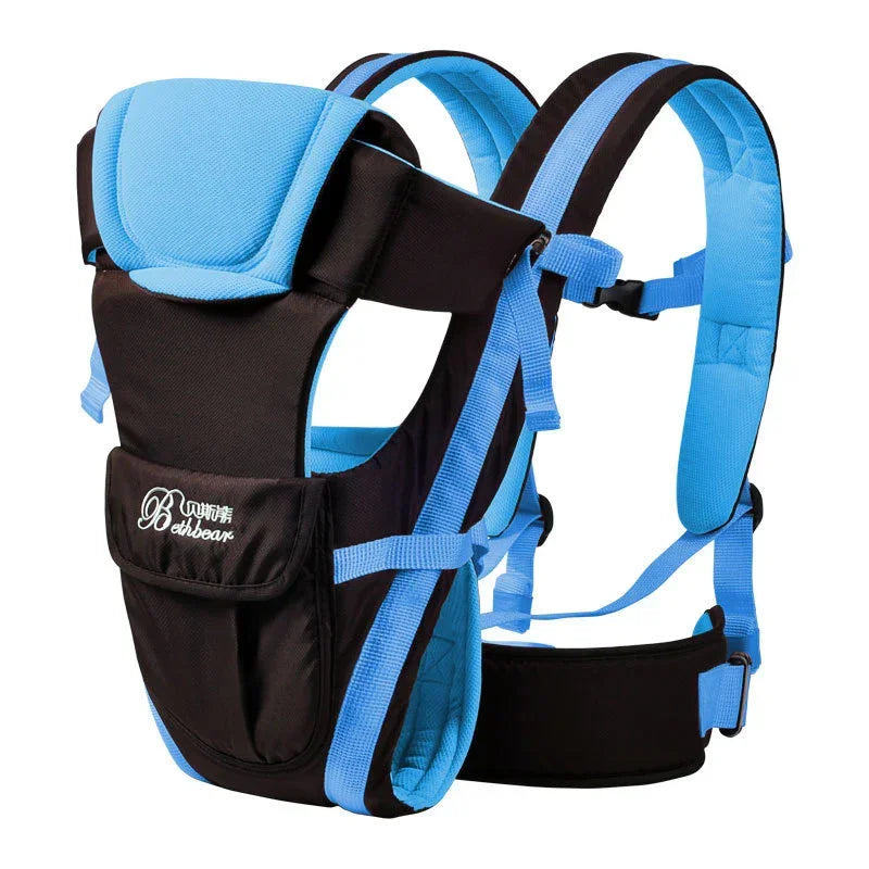Adjustable black and blue baby carrier with padded straps and breathable fabric