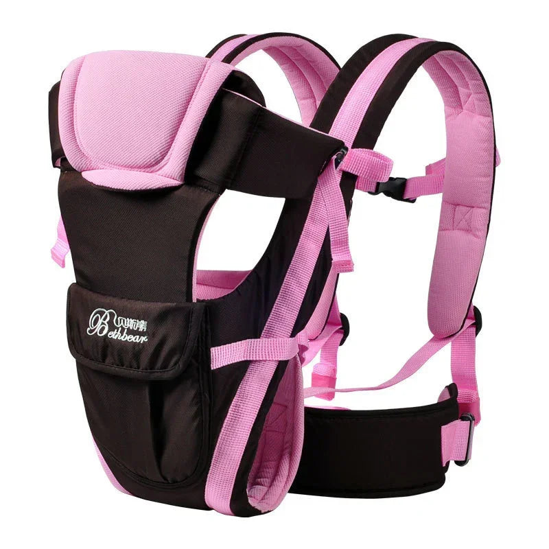 Black and pink adjustable baby carrier with padded straps and soft fabric material