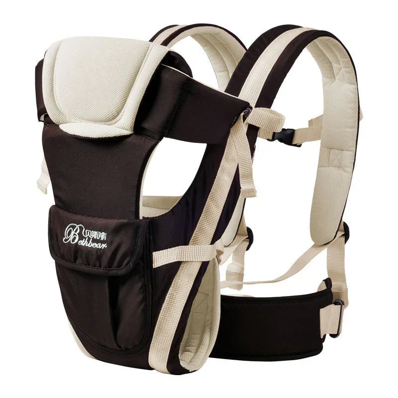 Black and beige padded baby carrier with adjustable straps and ergonomic design