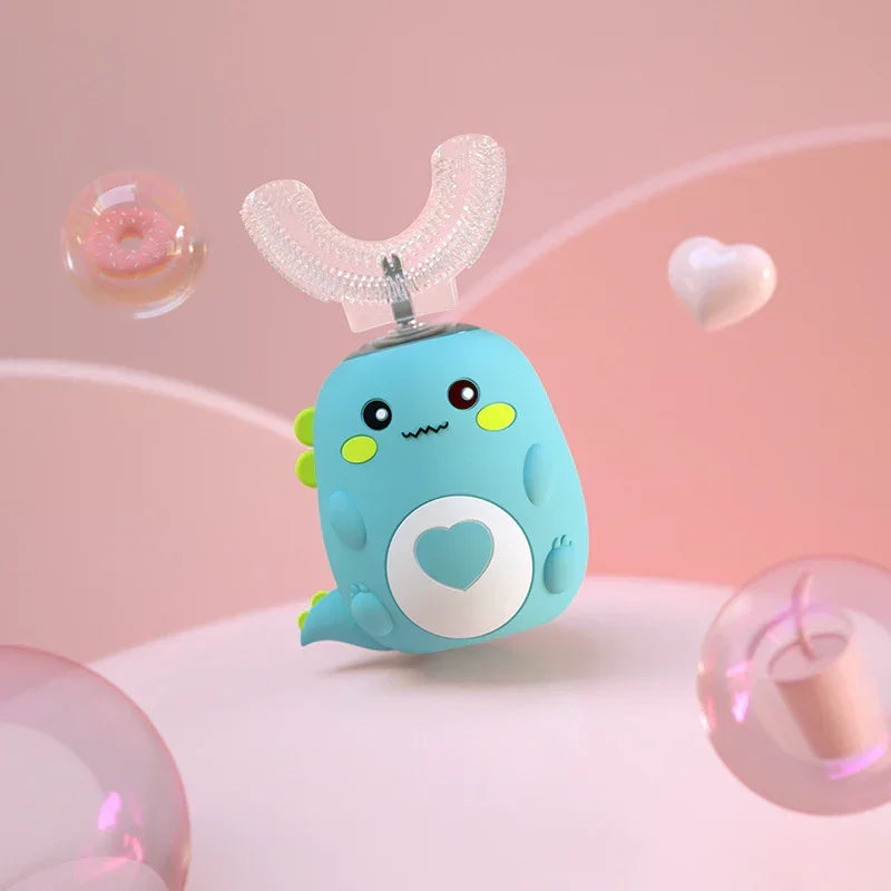 Cute blue dinosaur-shaped silicone automatic toothbrush with heart detail, on pink background
