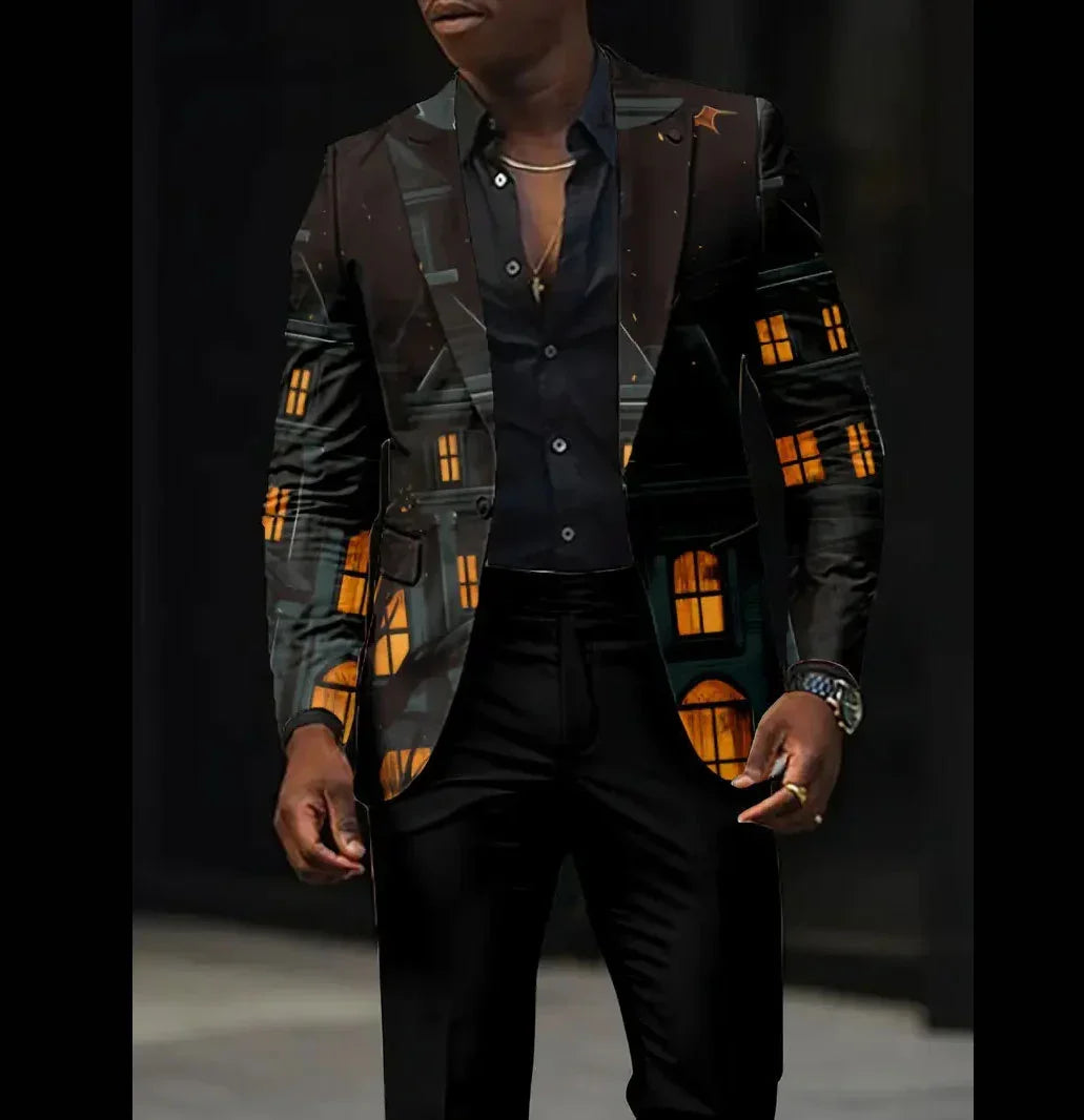 Men's fitted black blazer with illuminated building window print, paired with black shirt and pants