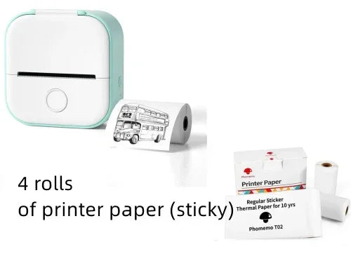 Mini portable thermal printer with four rolls of sticky printer paper for labeling