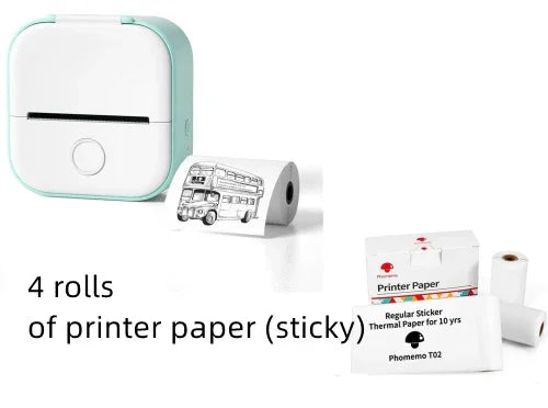 Mini portable thermal printer with four rolls of sticky printer paper for labeling