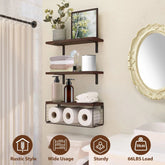Rustic wood and metal wall shelves in bathroom, holding towels, toiletries, and toilet paper.