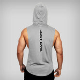Sleeveless gray workout hoodie with bold black back text, muscle fit, athletic streetwear style