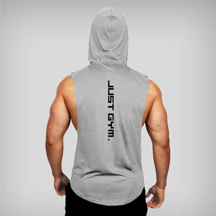 Sleeveless gray workout hoodie with bold black back text, muscle fit, athletic streetwear style