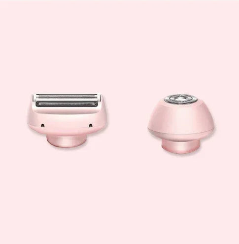 Pink electric shaver and trimmer heads with smooth, rounded design on pastel background.