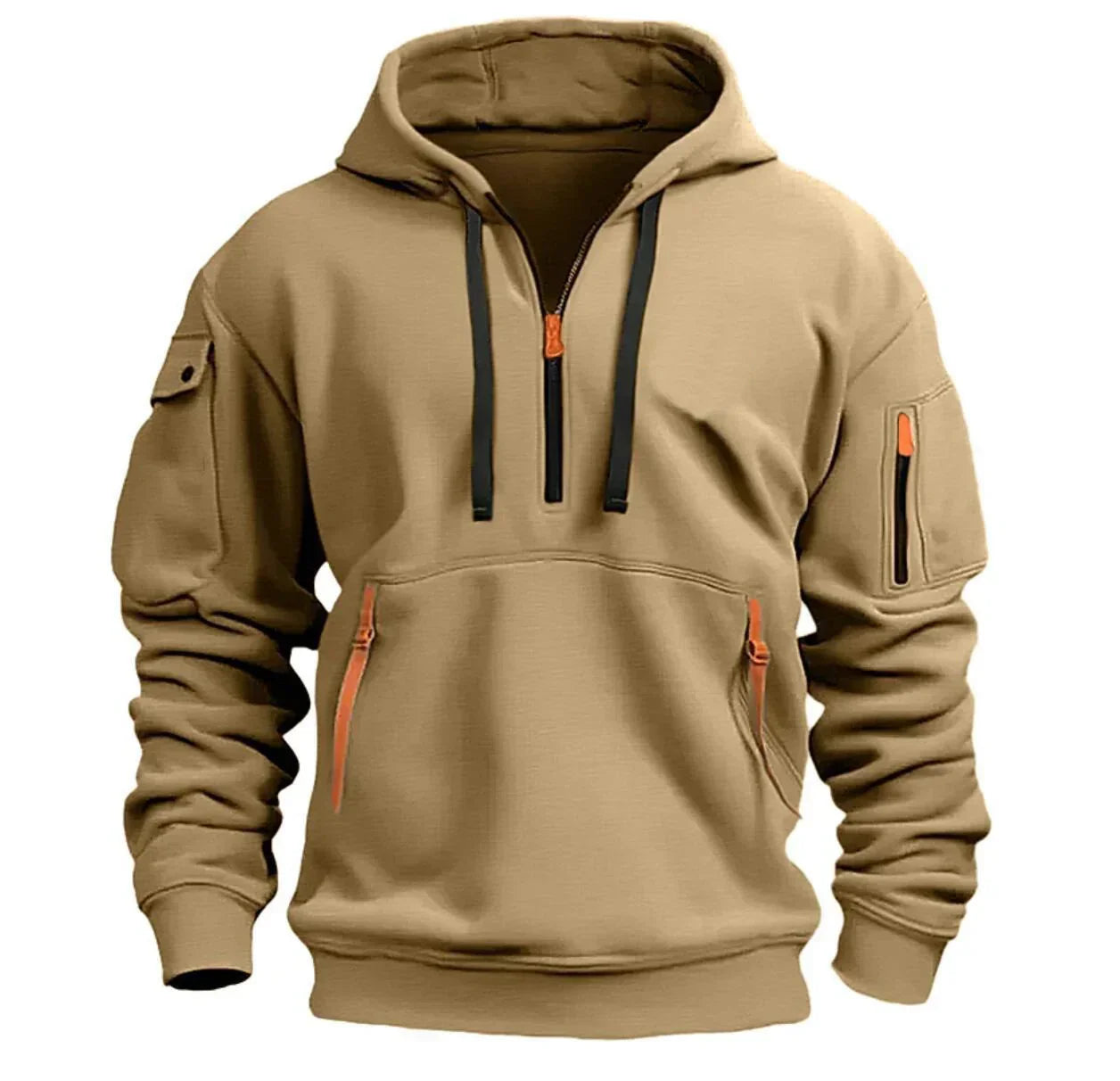 Beige streetwear pullover hoodie with zippered pockets, drawstrings, and relaxed fit