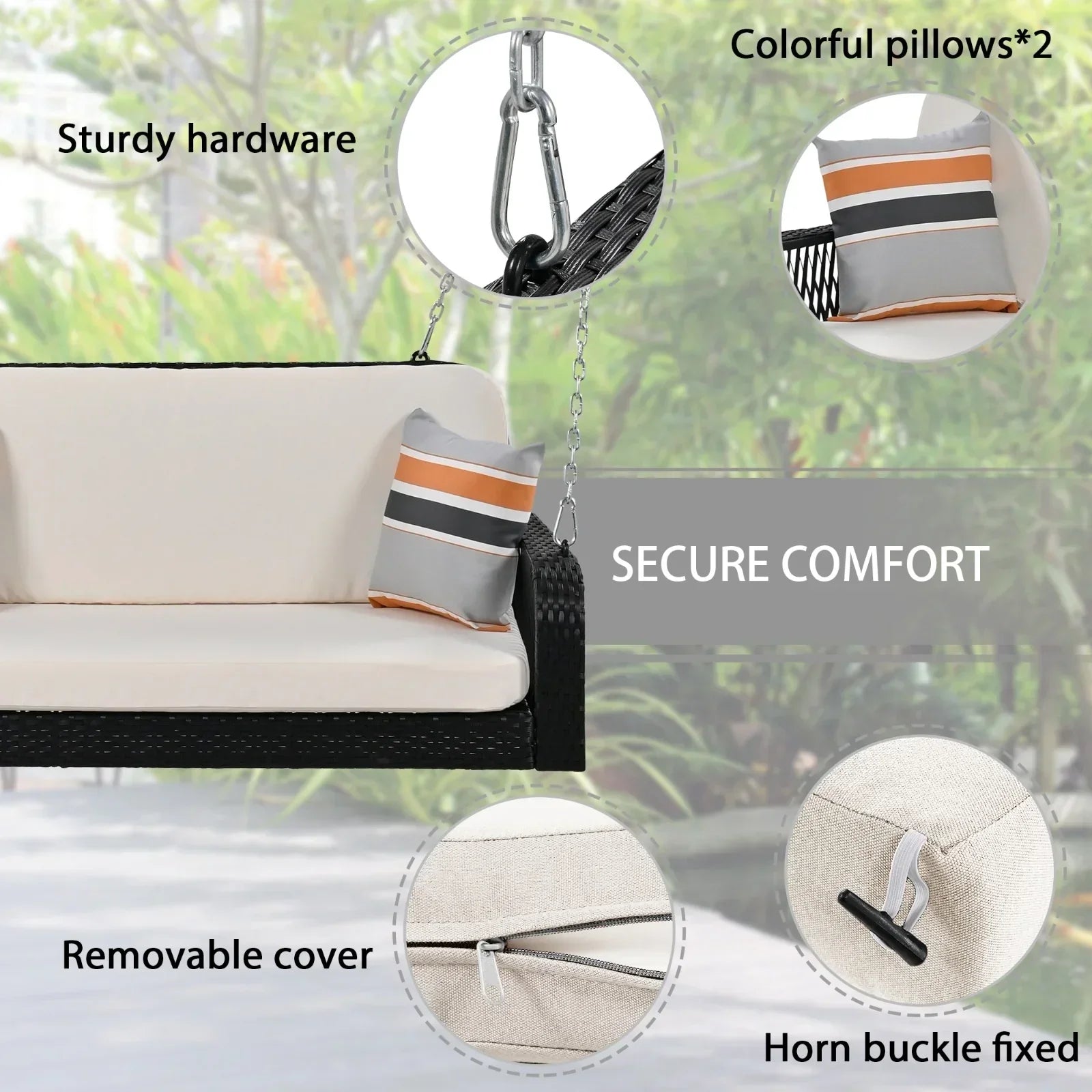Outdoor rattan swing bench with beige cushioned seating, striped throw pillows, removable cover, sturdy metal chains, and horn buckle fastening.