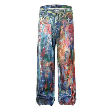 Loose fit jeans with colorful abstract paint splatter design, denim material