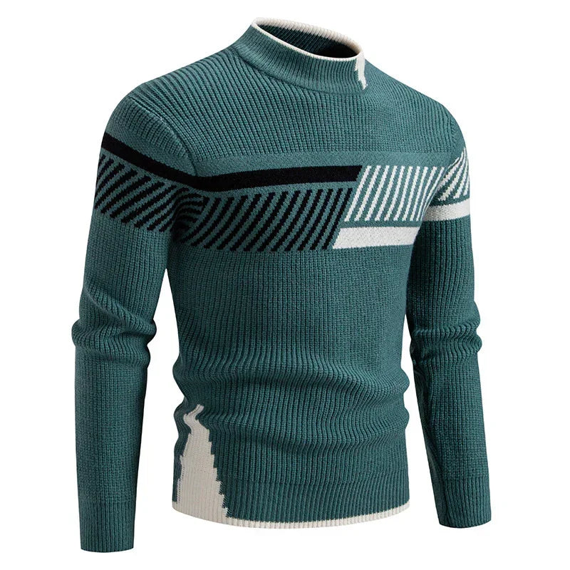Teal knit sweater with geometric black and white patterns, ribbed texture, slim fit.