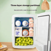 Mini fridge with three-layer storage, holding cans, milk, yogurt drinks, and green grapes