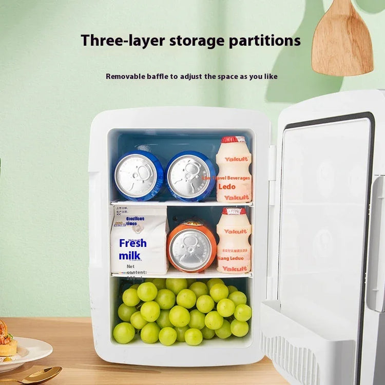 Mini fridge with three-layer storage, holding cans, milk, yogurt drinks, and green grapes