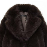 Dark brown faux fur coat with wide lapels and smooth lining, classic relaxed fit