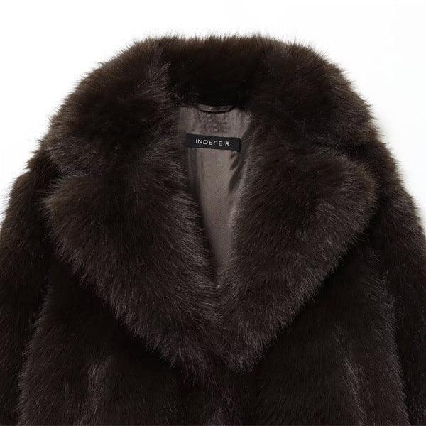 Dark brown faux fur coat with wide lapels and smooth lining, classic relaxed fit
