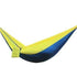 Two-tone yellow and blue hammock, lightweight nylon material, casual relaxed fit.