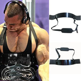 Man wearing a black metal arm blaster workout accessory with adjustable strap, sleeveless gym clothing