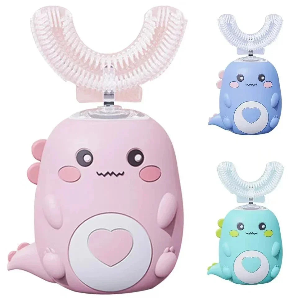 Cute dinosaur-shaped automatic U-shaped kids toothbrush in pink, blue, and teal.
