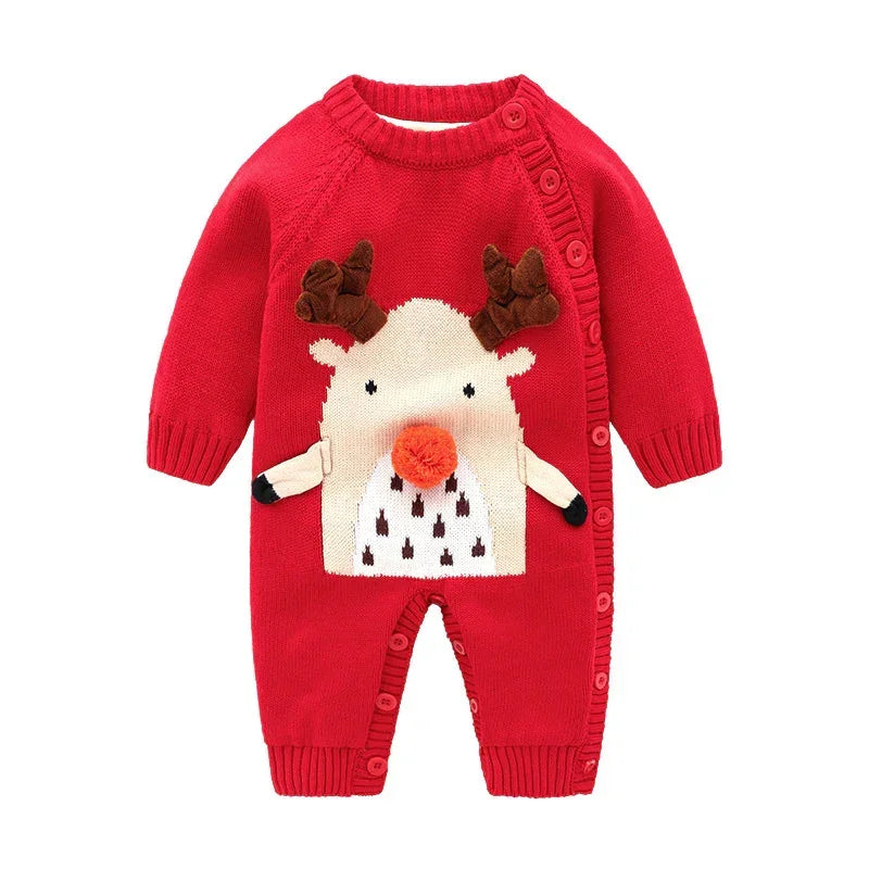 Red knit baby jumpsuit with cute reindeer design, long sleeves, ribbed cuffs, and button closure