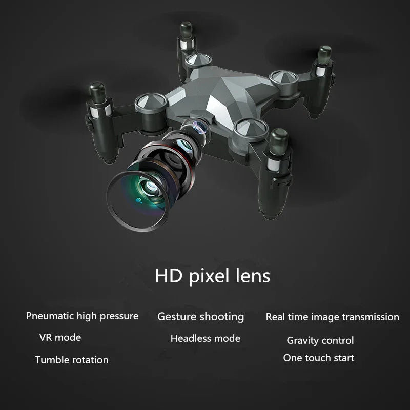 Black foldable drone with HD pixel camera lens and futuristic geometric design, compact fit