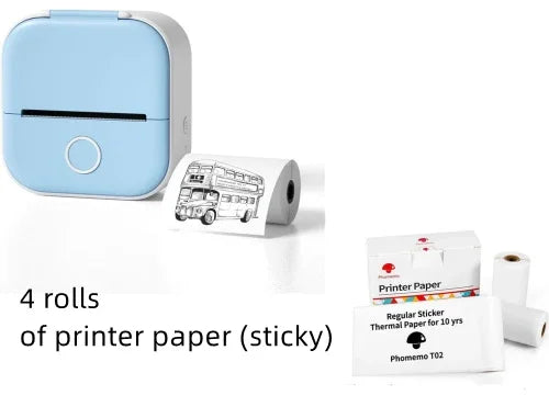 Compact blue portable label printer with four rolls of sticky thermal printer paper.