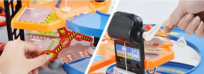 Close-up of a colorful plastic toy parking garage with ramps and a hand operating a manual elevator