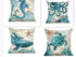 Set of decorative throw pillows with blue sea creature prints, featuring seahorse, octopus, whale, and turtle designs on textured fabric covers.