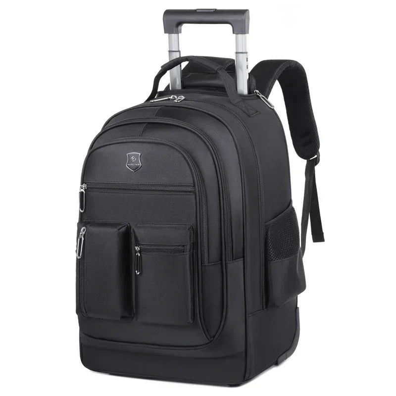 Black travel backpack with multi-zip compartments, durable fabric, and rolling handle