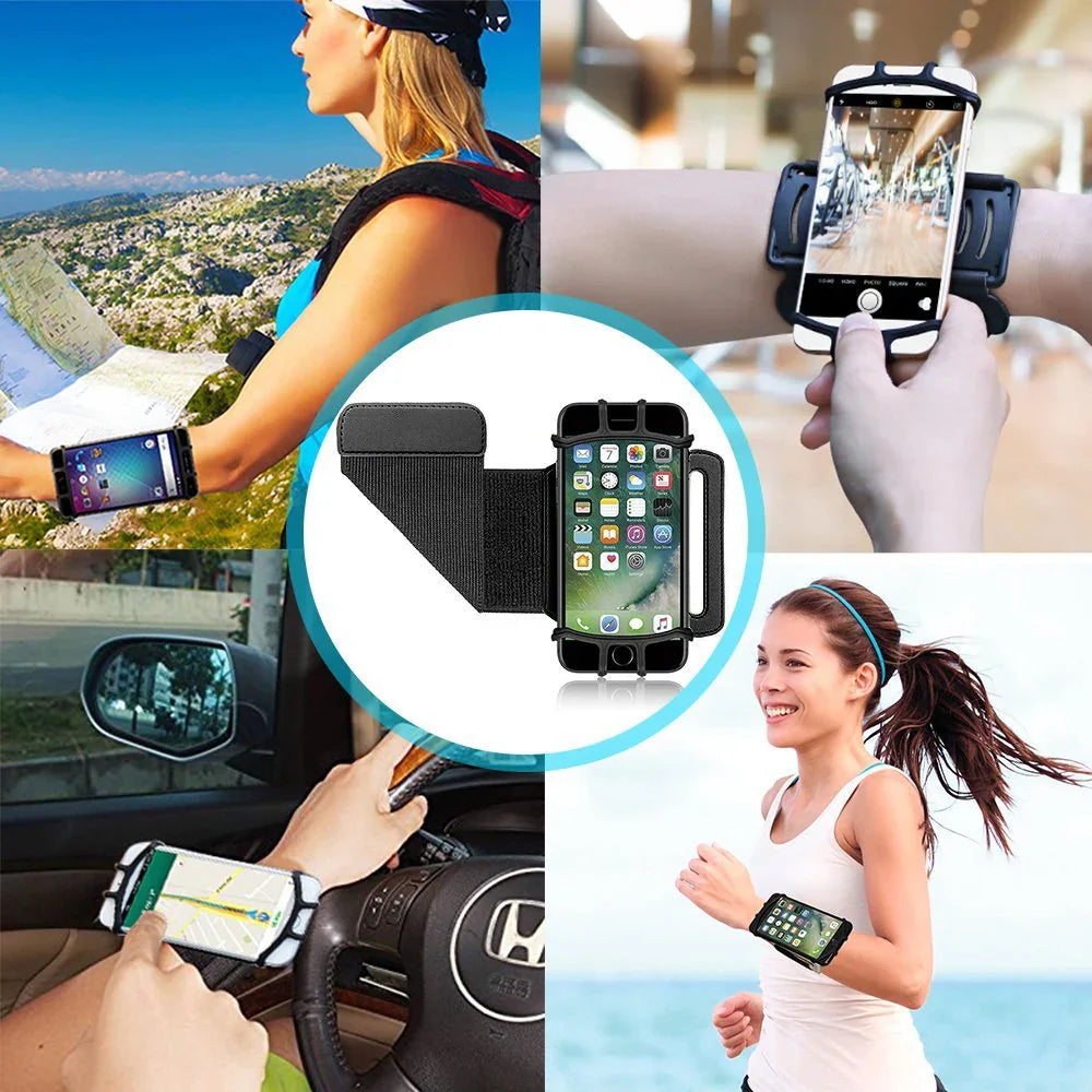 Adjustable black phone armband holder worn during running, hiking, and driving activities.