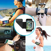 Adjustable black phone armband holder worn during running, hiking, and driving activities.
