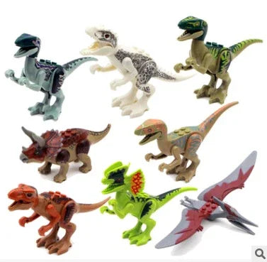 Set of colorful dinosaur action figures in various poses on a white background
