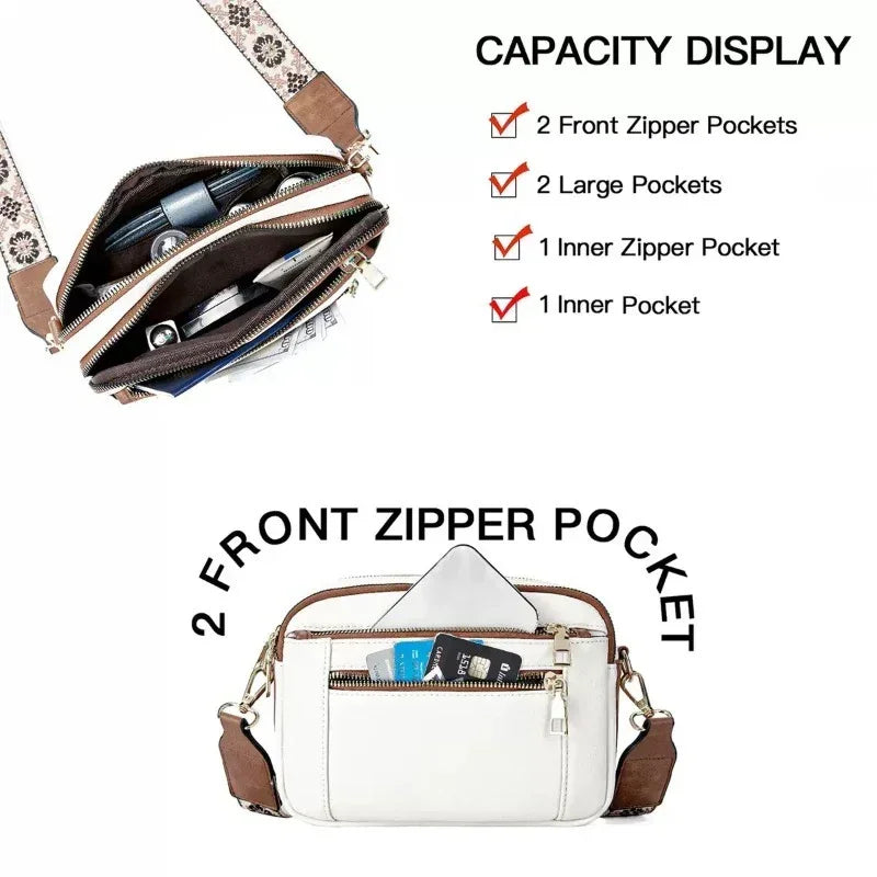 White crossbody bag with brown accents, multiple zipper pockets, and floral strap, showing organized storage compartments.