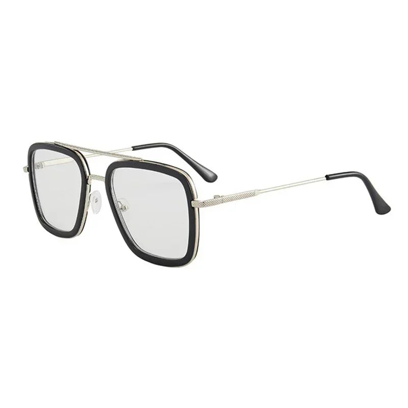 Square oversized clear lens glasses with black frame and thin metal arms