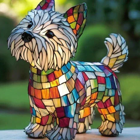 Stained glass dog figurine with multicolored mosaic pattern, outdoor setting