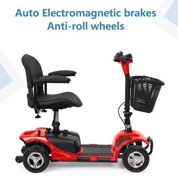 Red mobility scooter with black cushioned seat, basket, and four wheels, side view