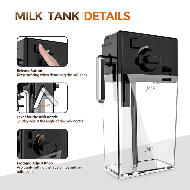 Clear and black plastic milk tank with adjustable frothing knob, nozzle lever, and release button.