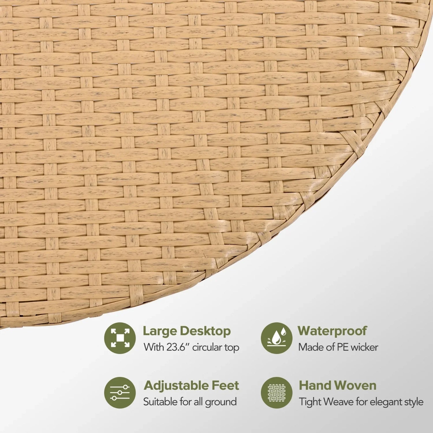 Close-up of circular, hand-woven PE wicker tabletop in natural color, showing tight weave.