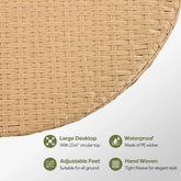 Close-up of circular, hand-woven PE wicker tabletop in natural color, showing tight weave.