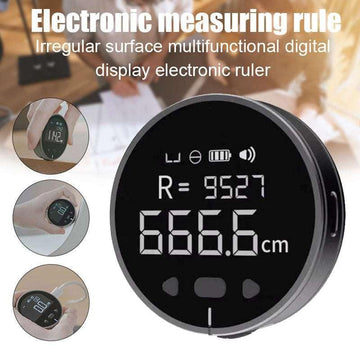 Digital electronic measuring ruler with black round body, large LED display, and multifunctional measurement features shown in use on various surfaces.