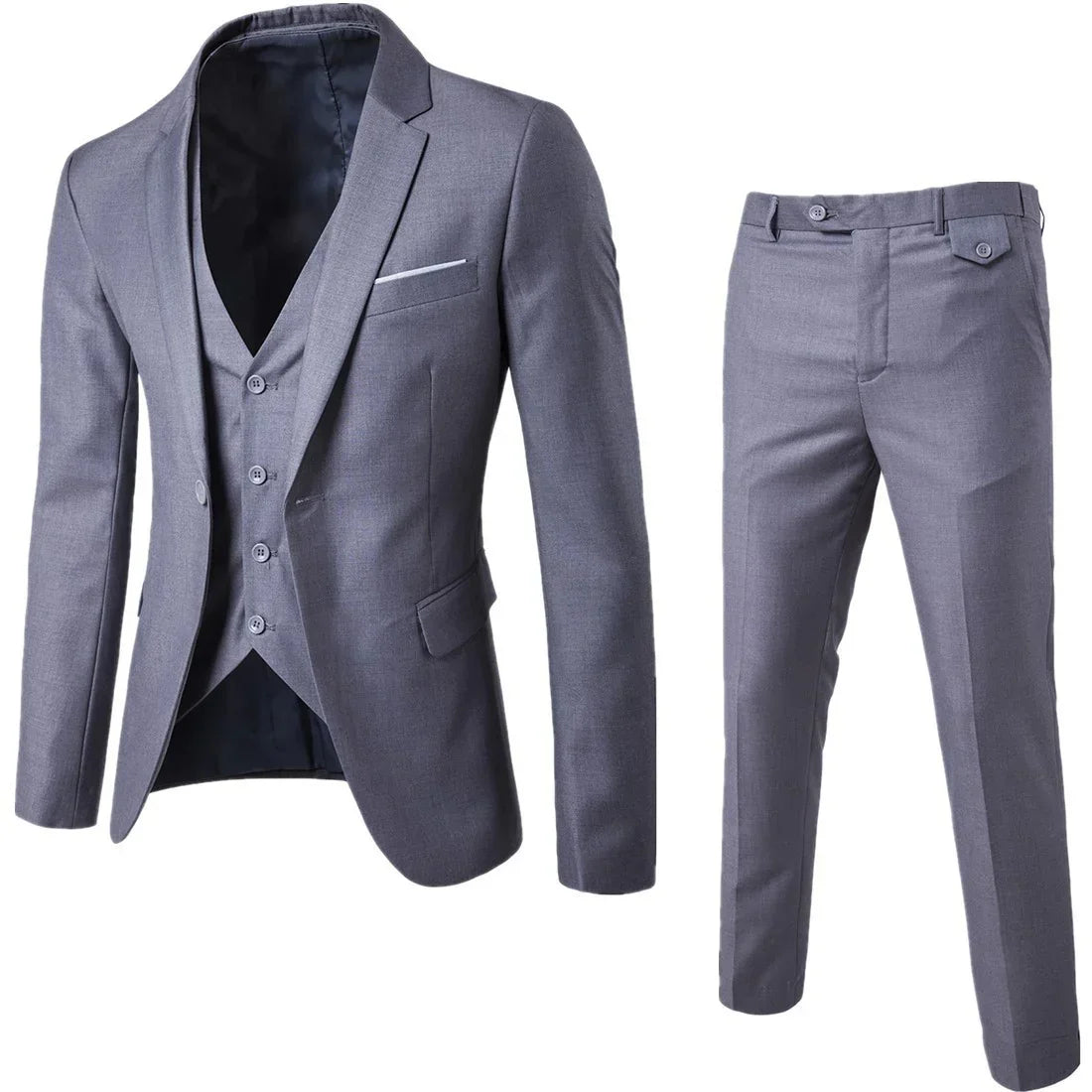 Slim fit light gray suit with blazer, vest, and trousers, modern formal men's clothing