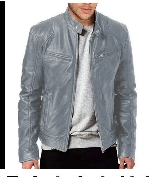 Men’s slim-fit light gray faux leather jacket with zipper pockets and snap collar