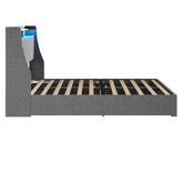 Modern grey upholstered platform bed frame with slatted base and LED-lit headboard