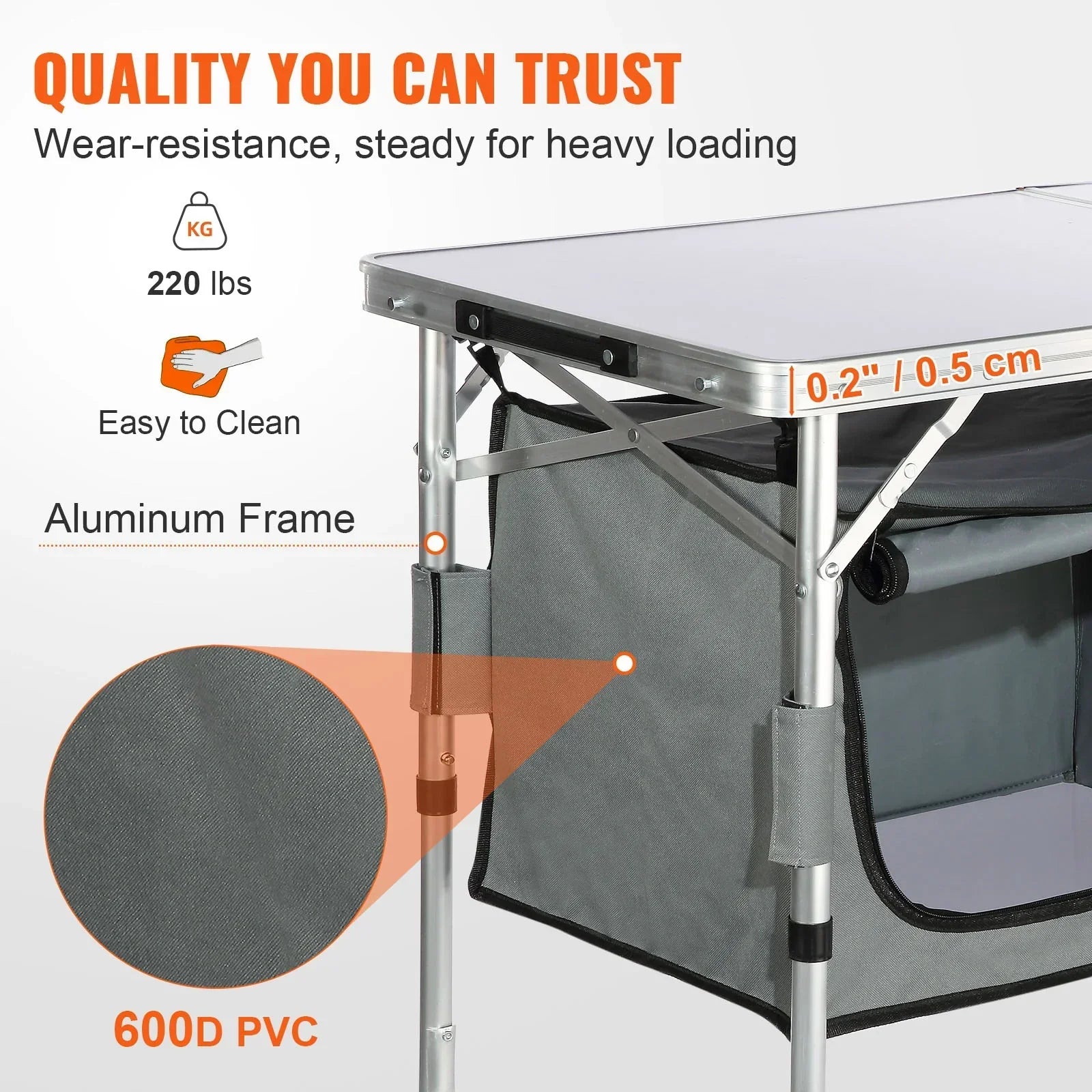 Gray portable table with aluminum frame, 600D PVC fabric, sturdy build, easy to clean surface.