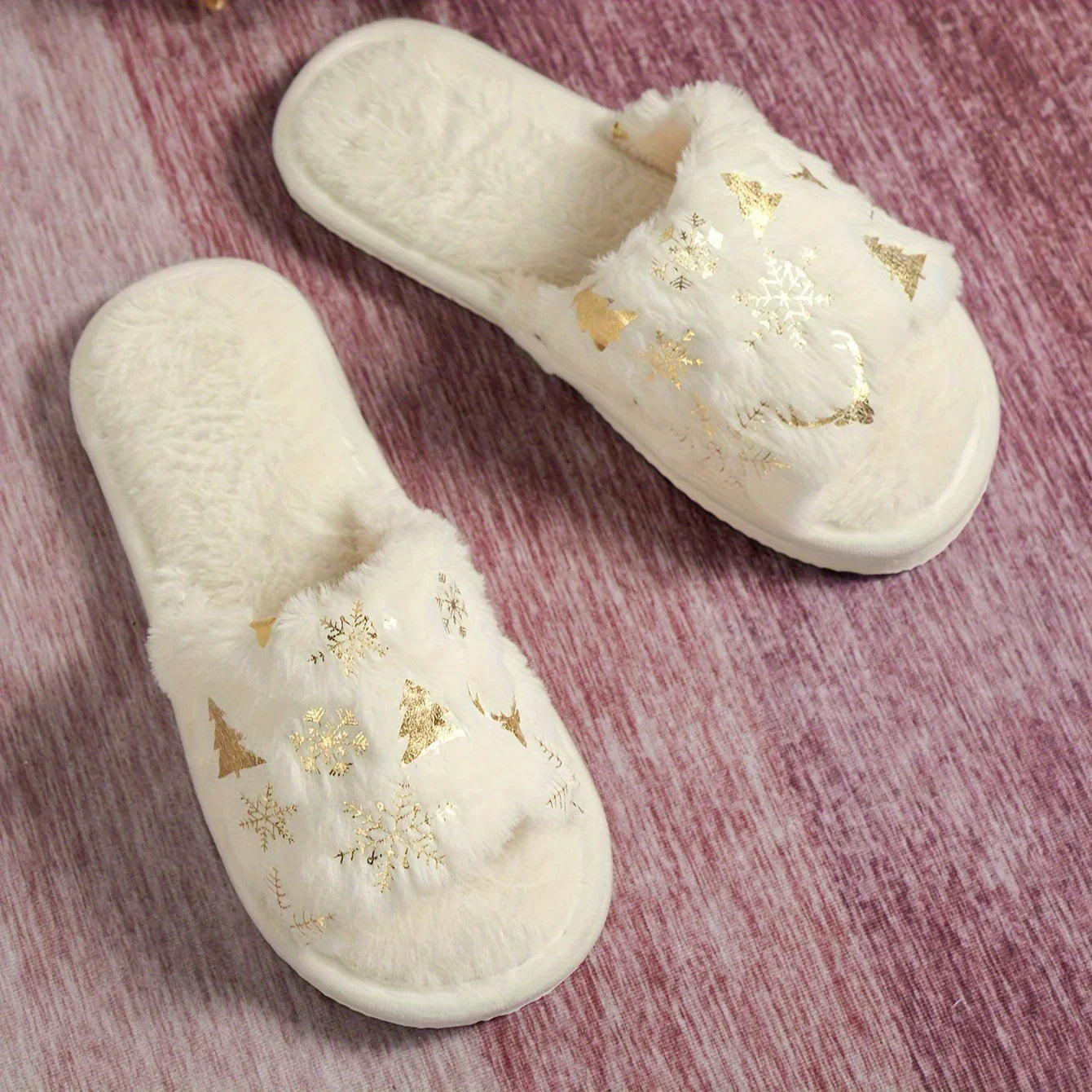 White faux fur slippers with gold snowflake and tree patterns, open toe, cozy fit